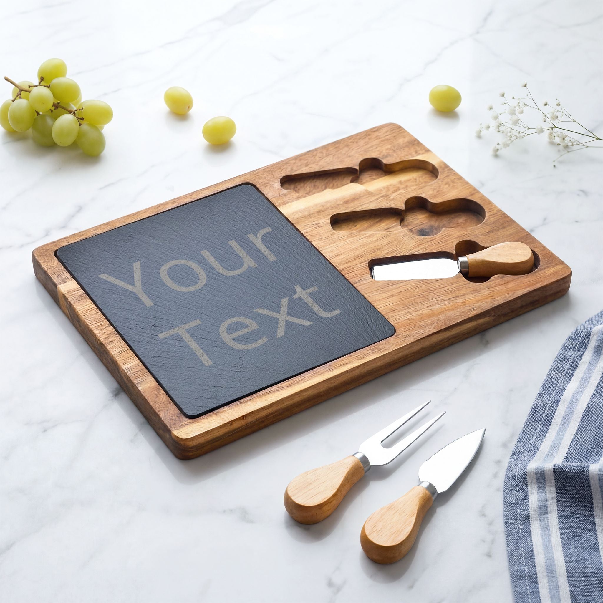 Custom Engraved Charcuterie Board with Slate Insert & Cheese Knives — Personalized Gift