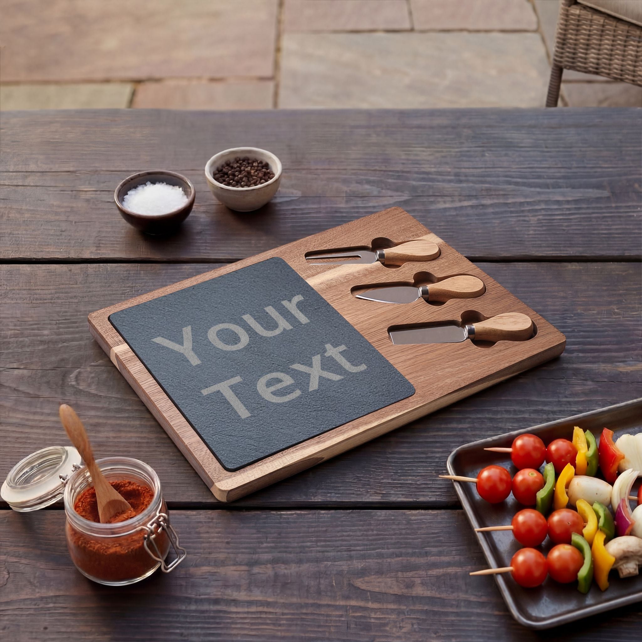 Custom Engraved Charcuterie Board with Slate Insert & Cheese Knives — Personalized Gift