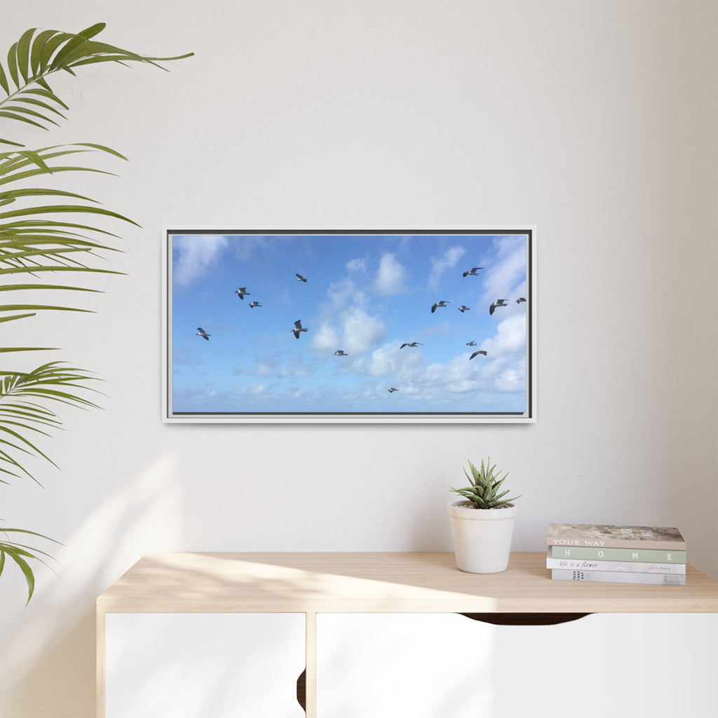 Framed Canvas Print — Gulls Flying Over Sky