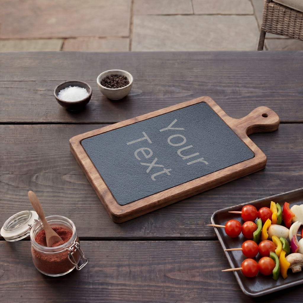 Custom Engraved Charcuterie Board with Slate Insert & Cheese Knives — Personalized Gift