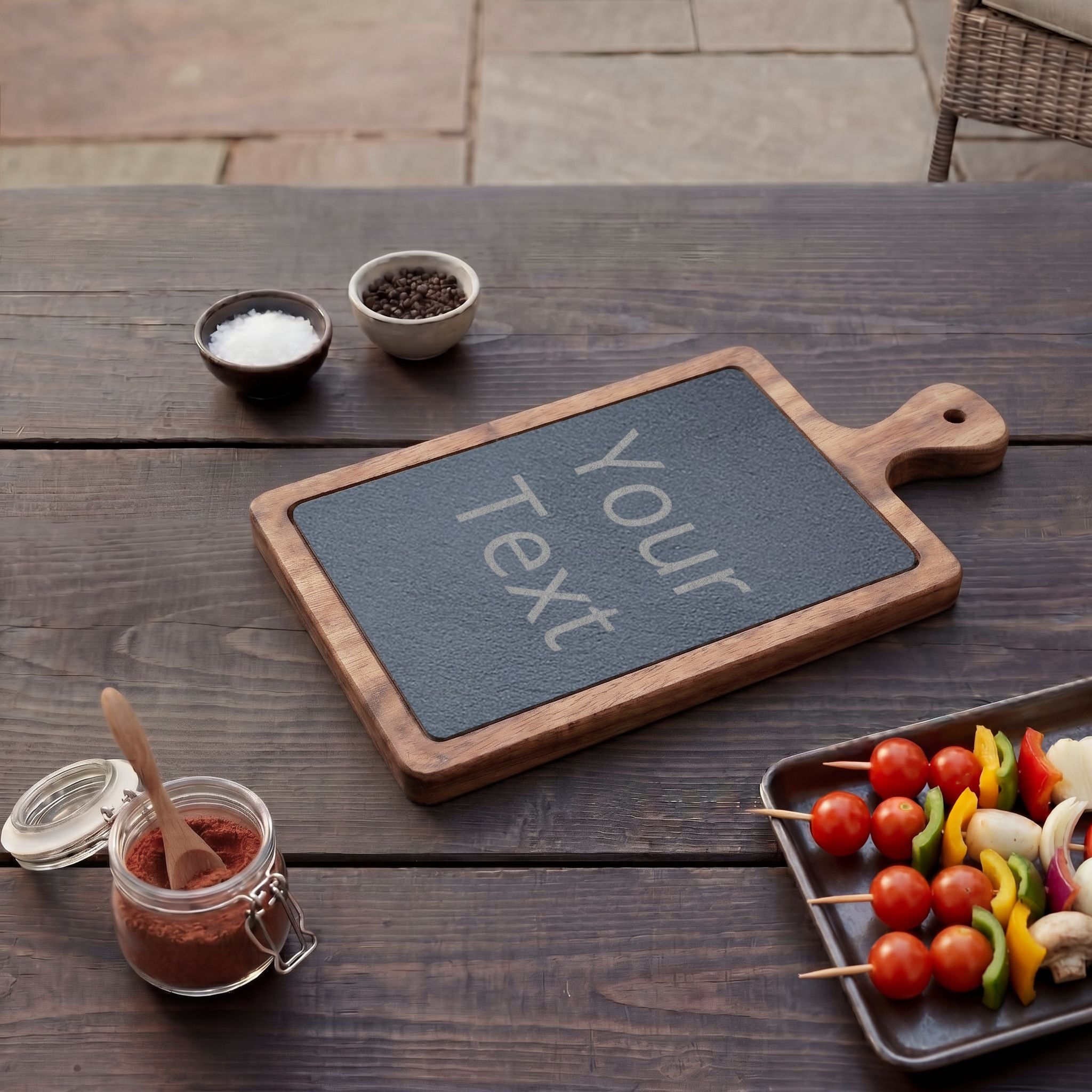 Custom Engraved Charcuterie Board with Slate Insert & Cheese Knives — Personalized Gift