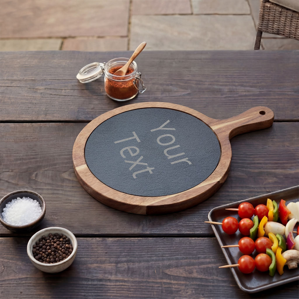 Custom Engraved Charcuterie Board with Slate Insert & Cheese Knives — Personalized Gift