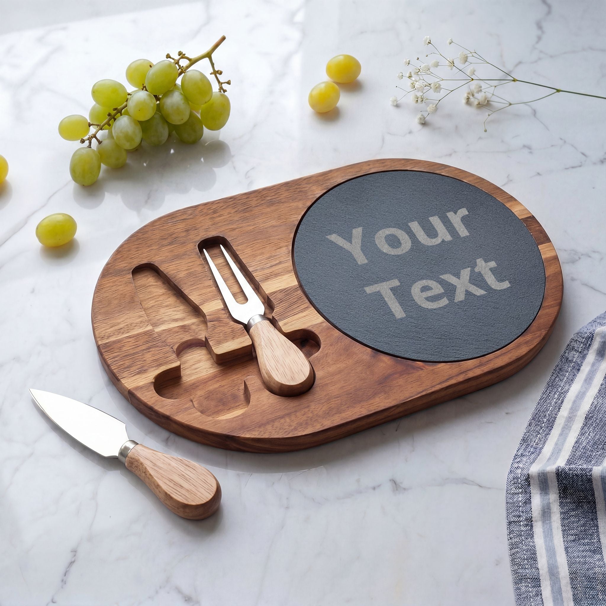 Custom Engraved Charcuterie Board with Slate Insert & Cheese Knives — Personalized Gift
