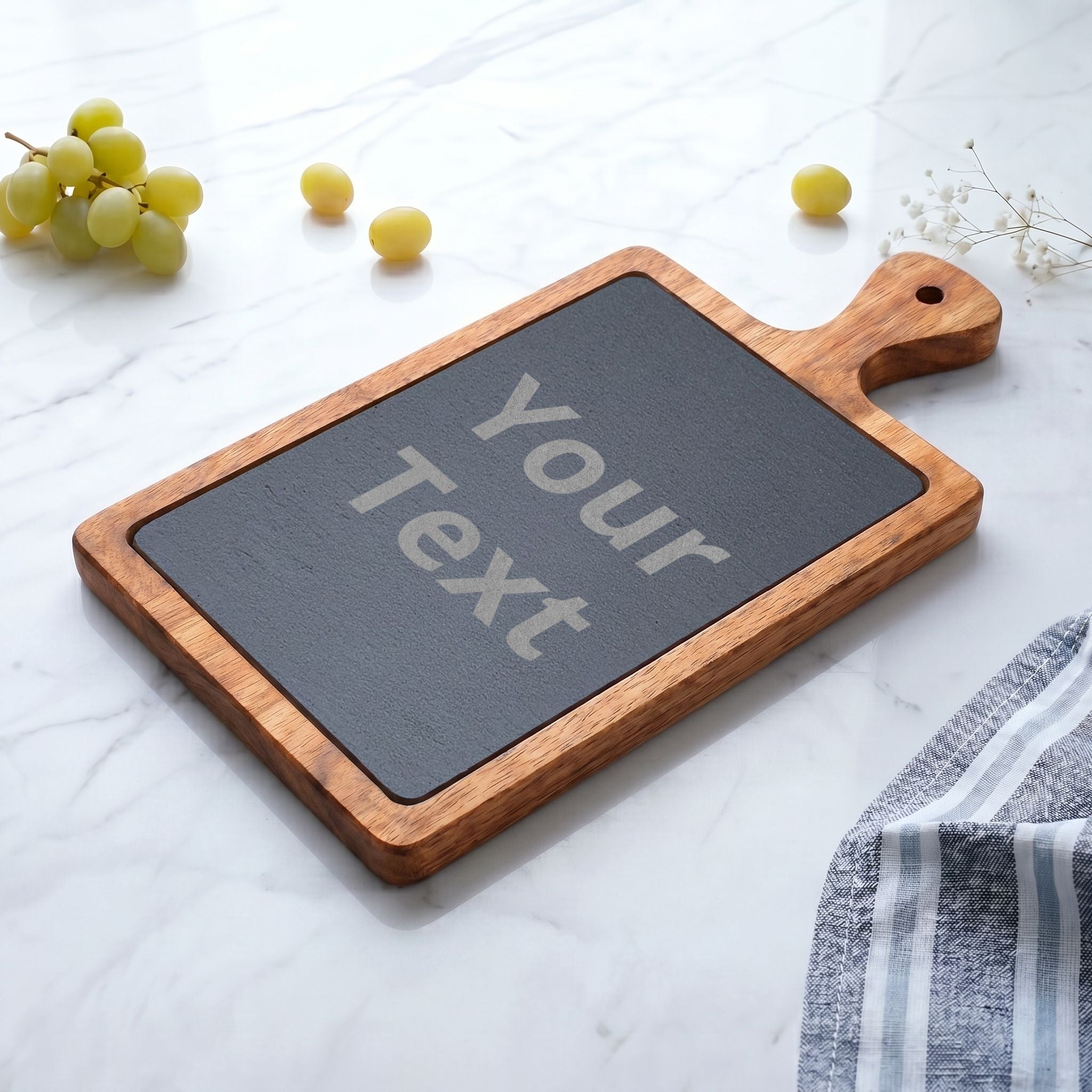 Custom Engraved Charcuterie Board with Slate Insert & Cheese Knives — Personalized Gift