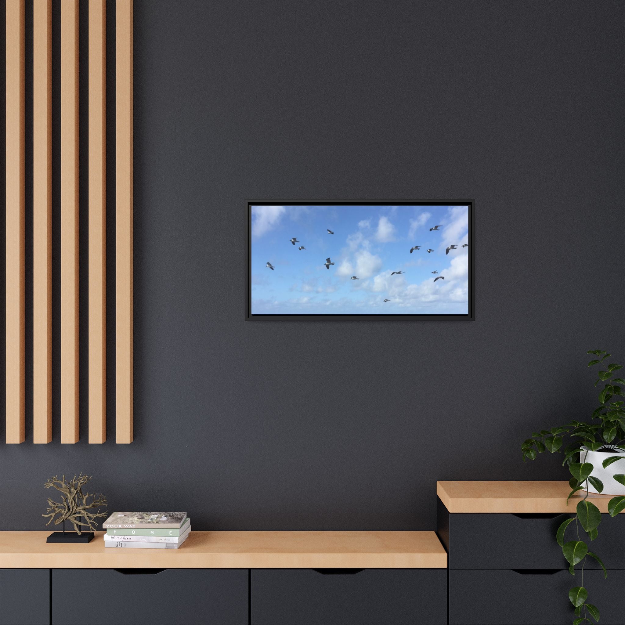 Framed Canvas Print — Gulls Flying Over Sky