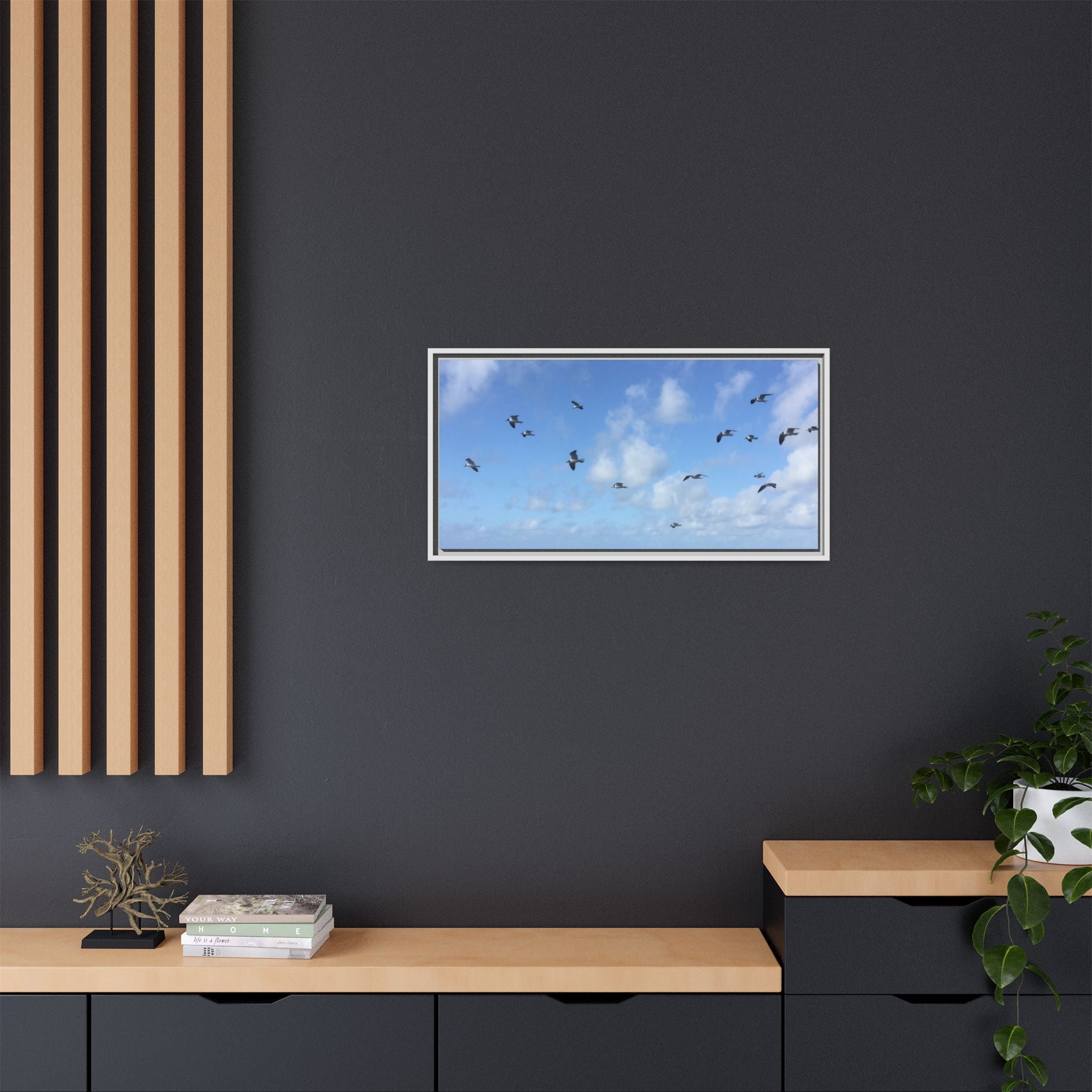 Framed Canvas Print — Gulls Flying Over Sky
