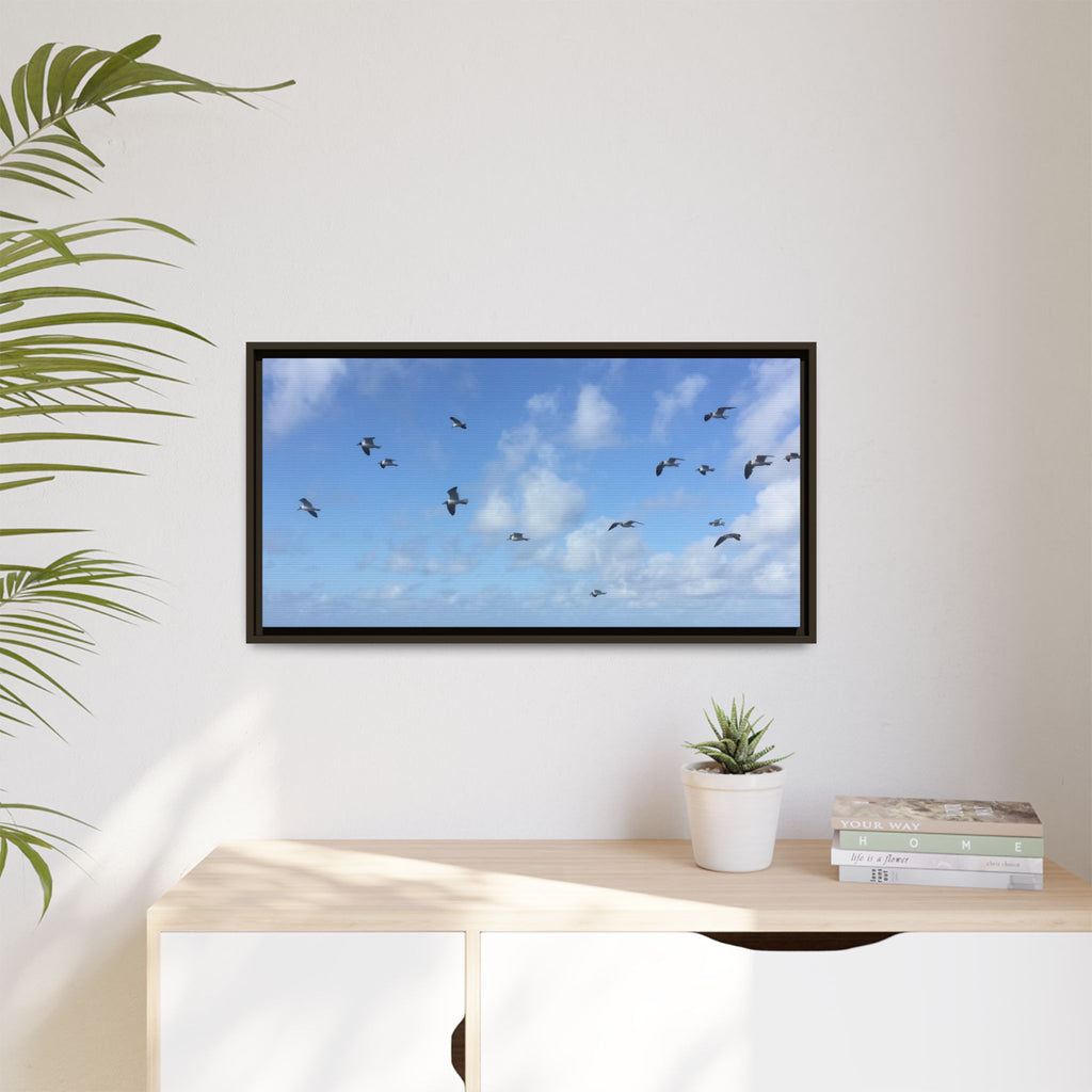 Framed Canvas Print — Gulls Flying Over Sky
