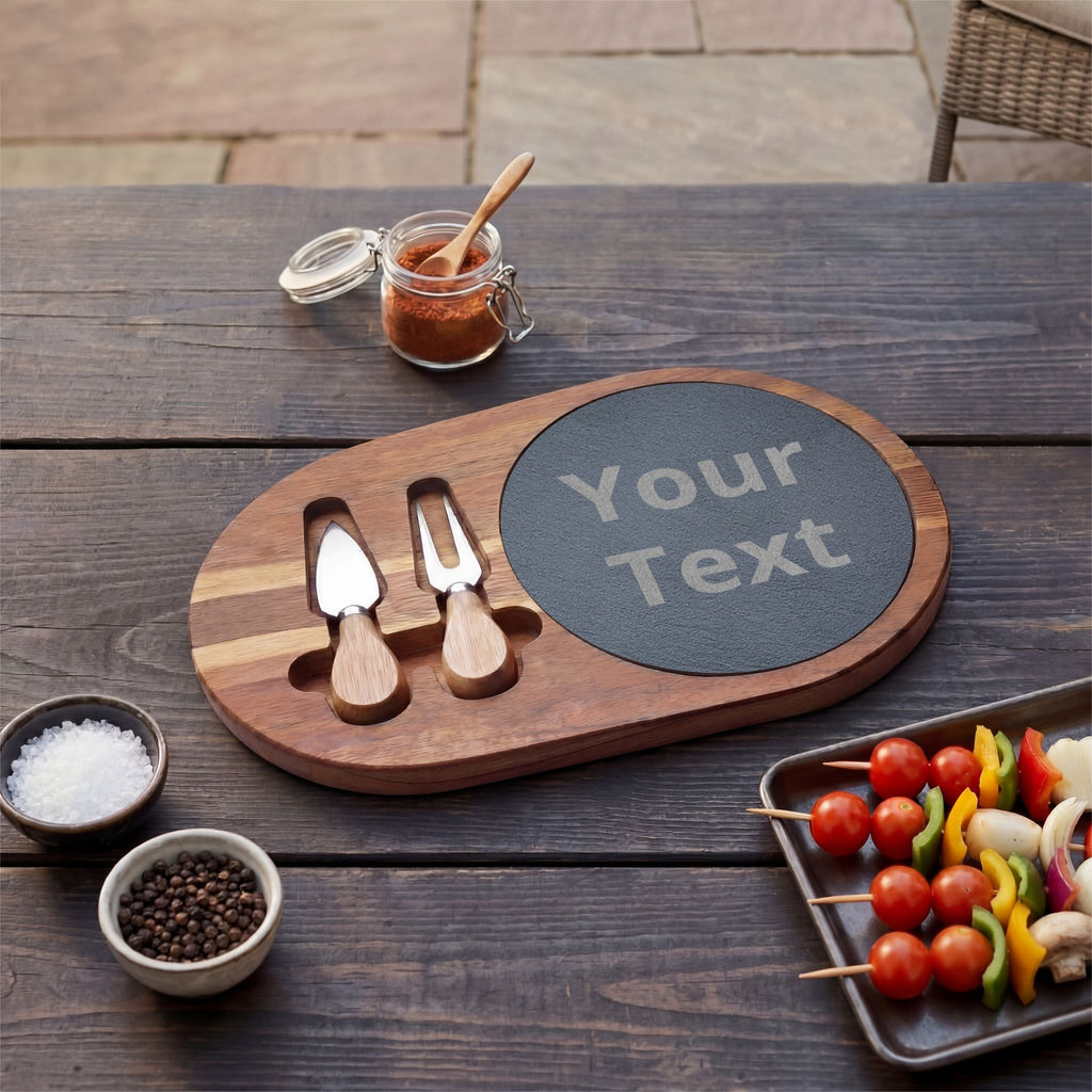 Custom Engraved Charcuterie Board with Slate Insert & Cheese Knives — Personalized Gift